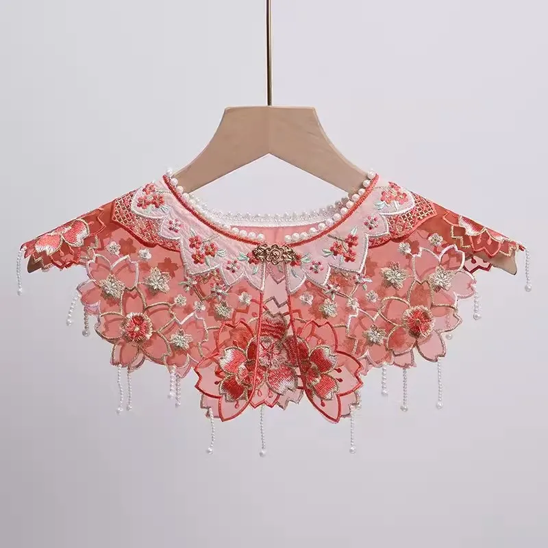 

Women's Spring Summer Vintage Embroidery Pashmina Female Children's Flower Lace Shawl Cloak Pearl Collar R660