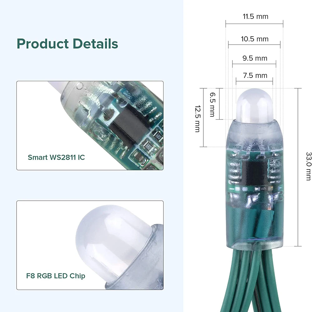 Módulo de pixel digital RGB LED impermeável, WS2811, 2811 IC, preto, verde, branco, cristal, fio RGB, IP68, DC 5V, 12V, 100pcs