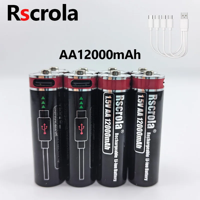 

Долговечная литиевая аккумуляторная батарея AA 1.5V 12000 мАч с быстрой зарядкой USB Type-C для пультов ДУ, камер, игрушек, мышей