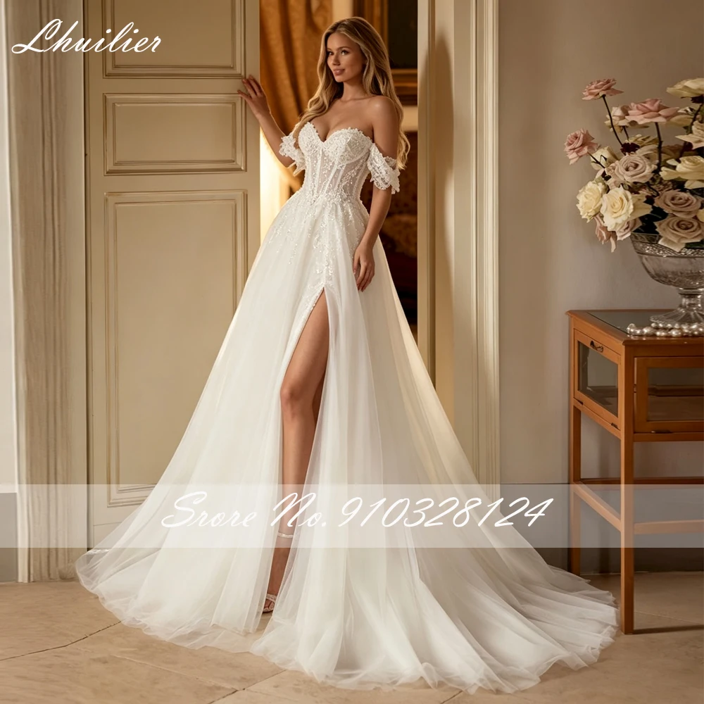 Lhuilier Customized A Line Lace Wedding Dresses Off the Shoulder Beaded Bridal Gown with High Slit