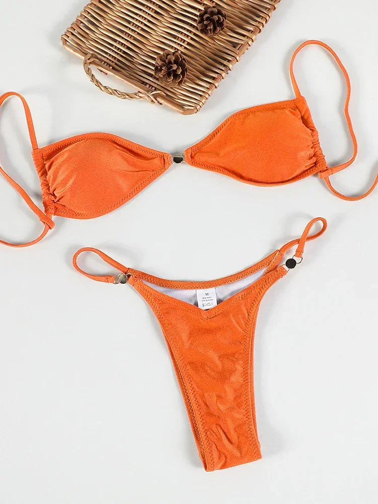 

String Bikinis Shiny Swimwear Pleated Swimsuit Women Bandage Biquini Brazilian Solid Color Bathing Suit 2024 Thongs Beachwear