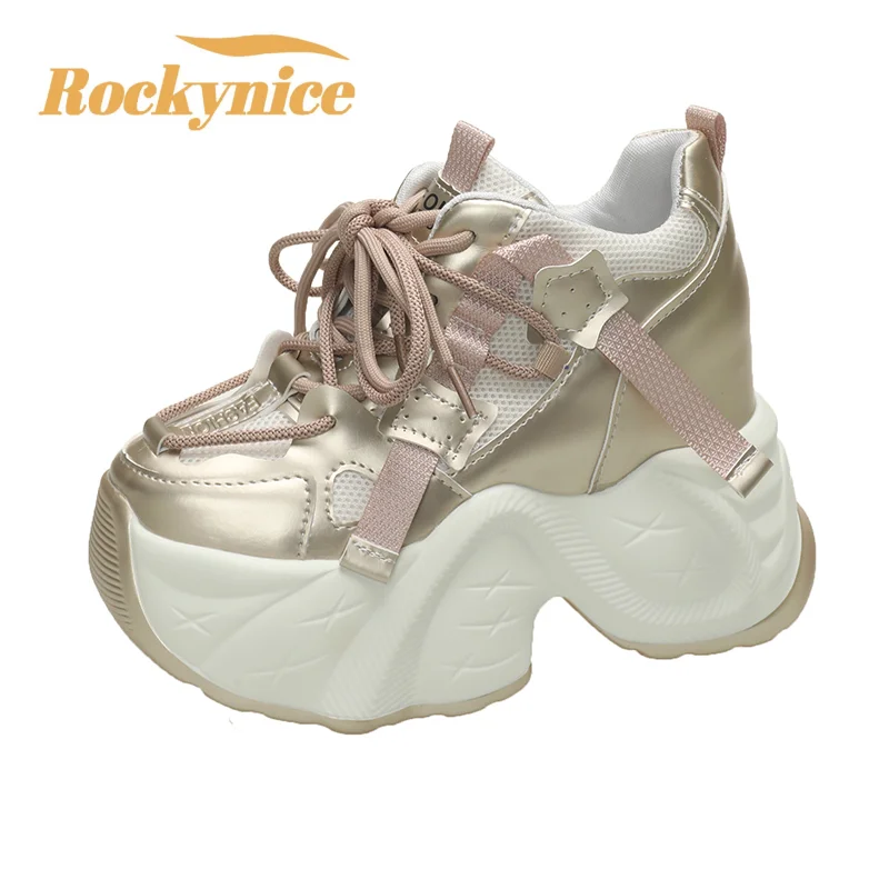 9.5CM Heels Women Chunky Leather Sneakers High Top Platform Sport Shoes White Black Casual Shoes Fashion Vulcanized Shoes Woman