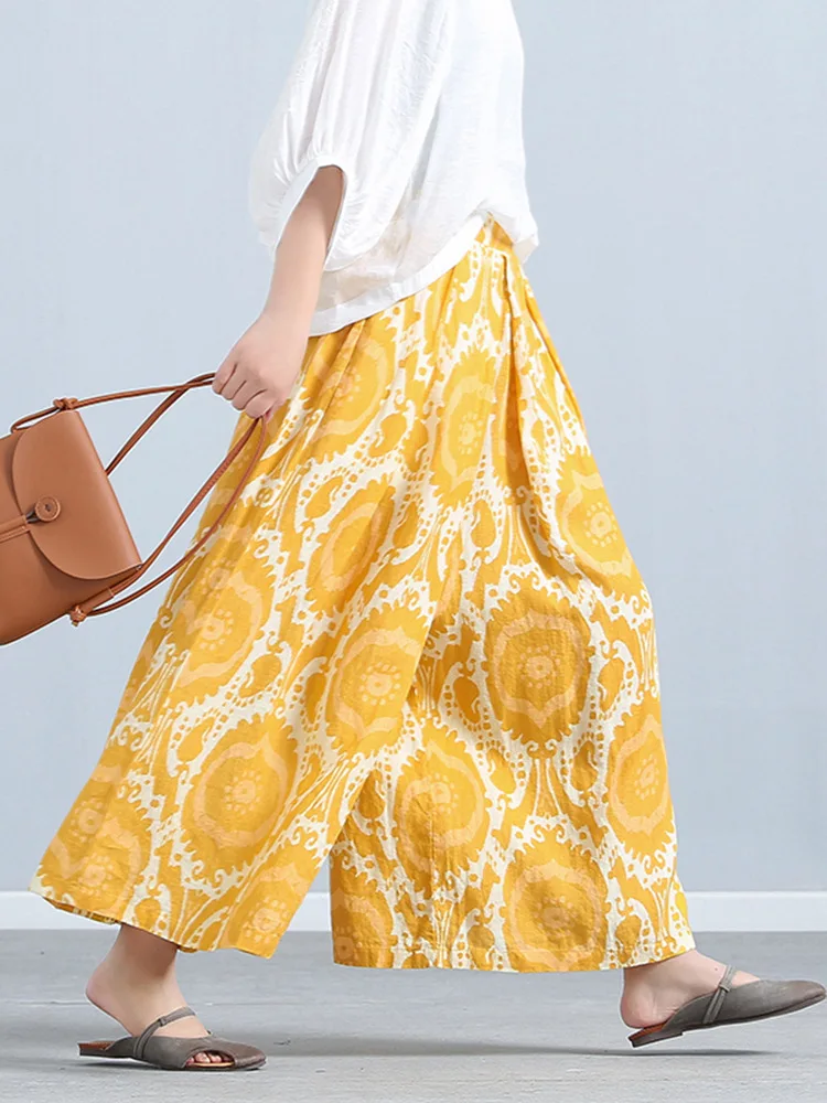 

Printed Loose Linen Wide-Leg Pants Women's Cropped Pants Elastic Waist Casual Versatile Skirt Pants Yellow