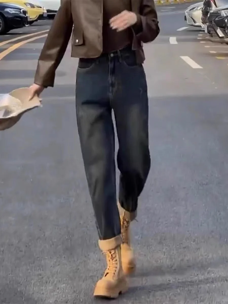 حجم كبير المرأة عالية الخصر فضفاضة تناسب الدينيم الجينز هارلان Sle الخريف Faion حجم كبير الدهون مم القطن تمتد الدينيم السراويل