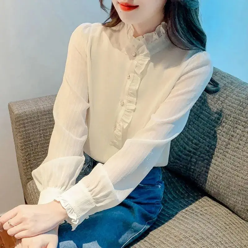 New Chiffon Ruffles Patchwork Long Sleeve Blouse Spring Autumn New Solid All-match Korean Shirt Tops Sweet Fashion Women Clothes