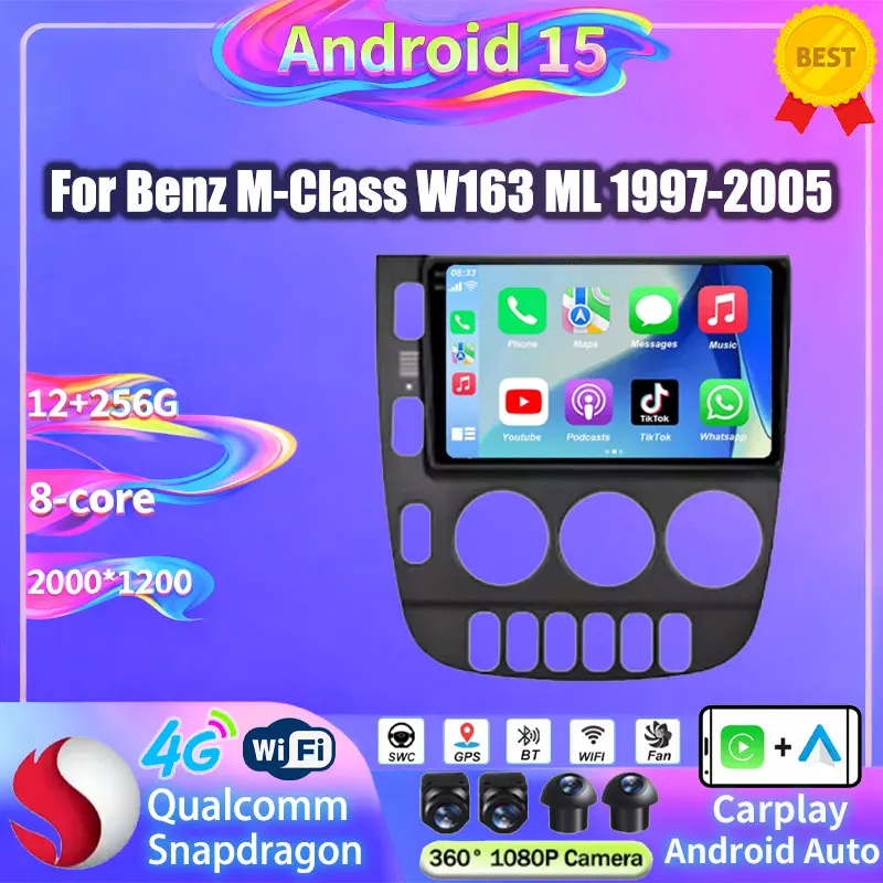For Mercedes Benz M-Class W163 ML 1997 - 2005 Android 15 Car Radio GPS Multimedia Player Carplay 360 Camera Stereo Head Unit DSP