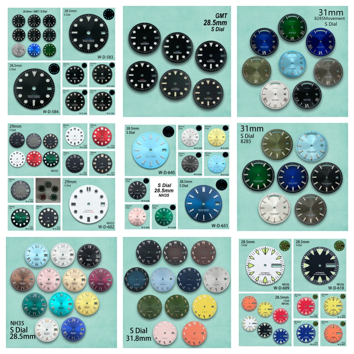 

28.5/29/31/31.8mm S Logo Day And Date Dial Fit NH35/NH34/8285 Movement Green/IceBlue Luminous GMT Watch Modification Accessories