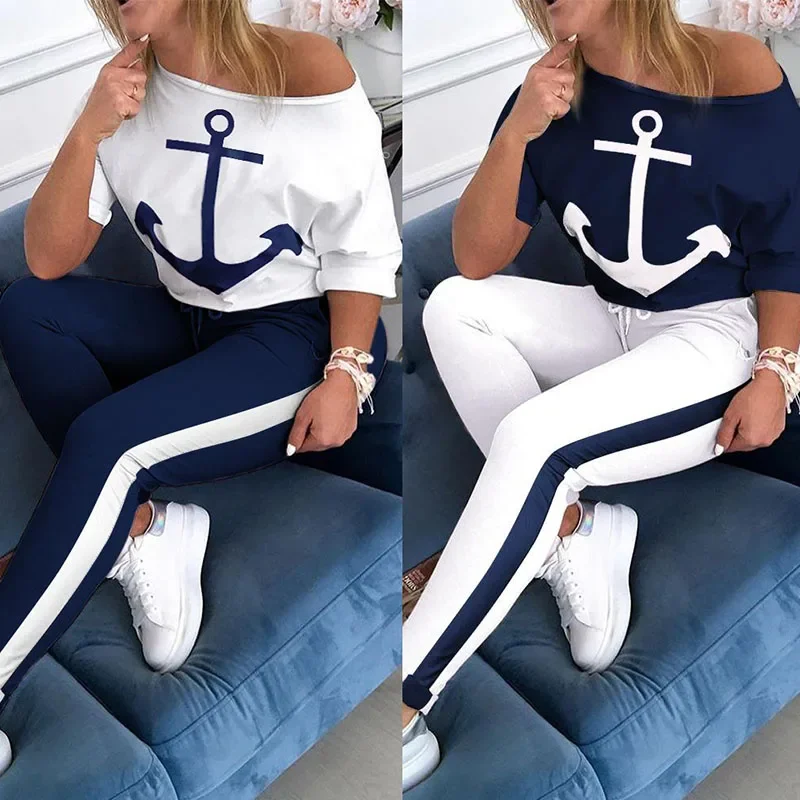 

2024 Women Pants Set Fashion Clothes Summer Boat Anchor Print Patchwork Casual Stretch Bodycon Two Piece Set