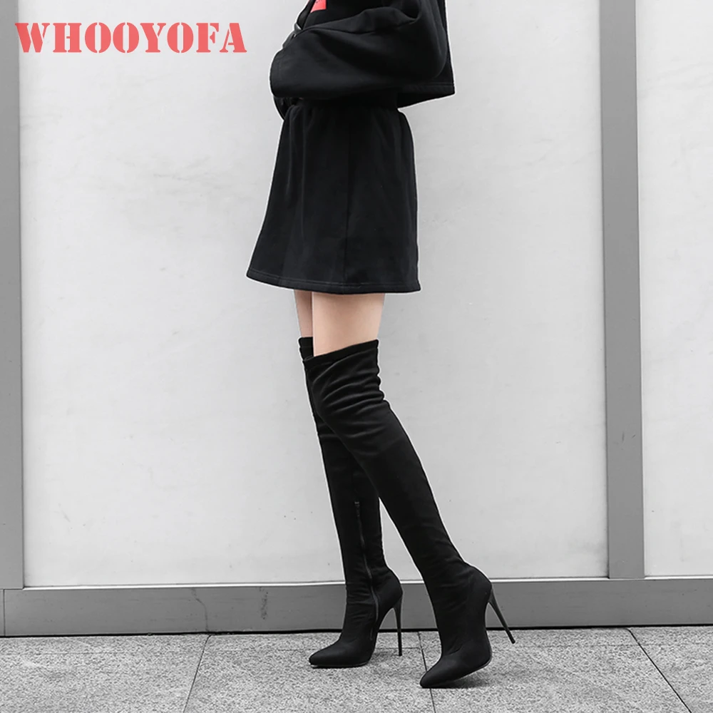 

Совершенно новые зимние пикантные черные женские сапоги выше колена на тонком высоком каблуке, женская обувь для танцев на пилоне, большие размеры 12, 43 45, 48