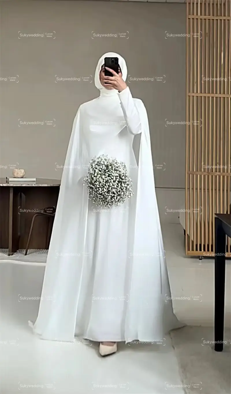 Customized Modest White Muslim Wedding Dresses with Cape Bride Dress with Long Sleeves Woman Bride Civil Bridal Gowns