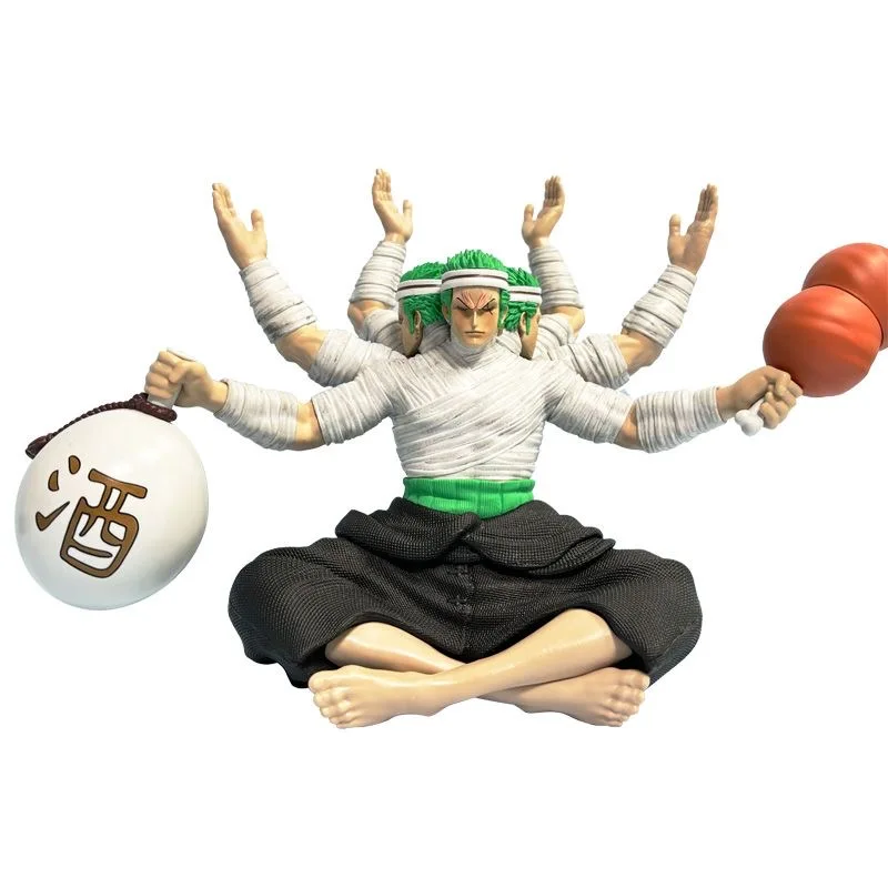 26cm One Piece Anime Figurine GK Three Heads Six Arms Roronoa Zoro Action Figures Bandages Zoro Wine and Meat PVC Model Toys