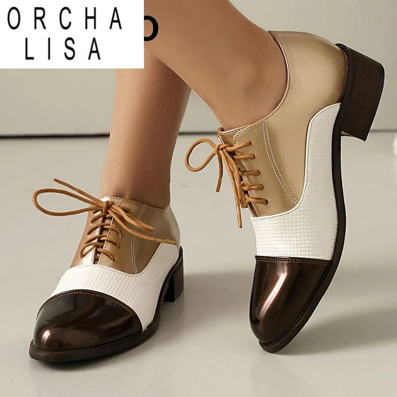 ORCHA LISA 2025 Leisure Female Pumps Round Toe Lace Up Mixed Color Block Heels 3.2cm Large Size 45 46 47 48 Fashion Daily Shoes