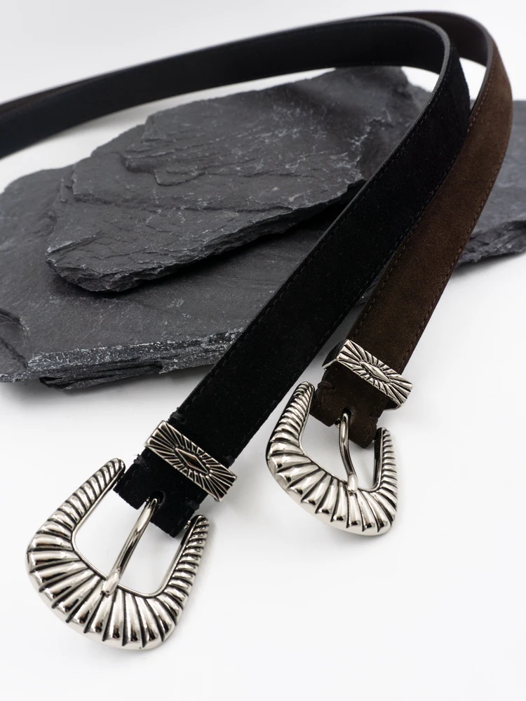 Abandoned earth style, old silver buckle layer, cowhide belt, metal decorative buckle, men's and women's universal leather belt,