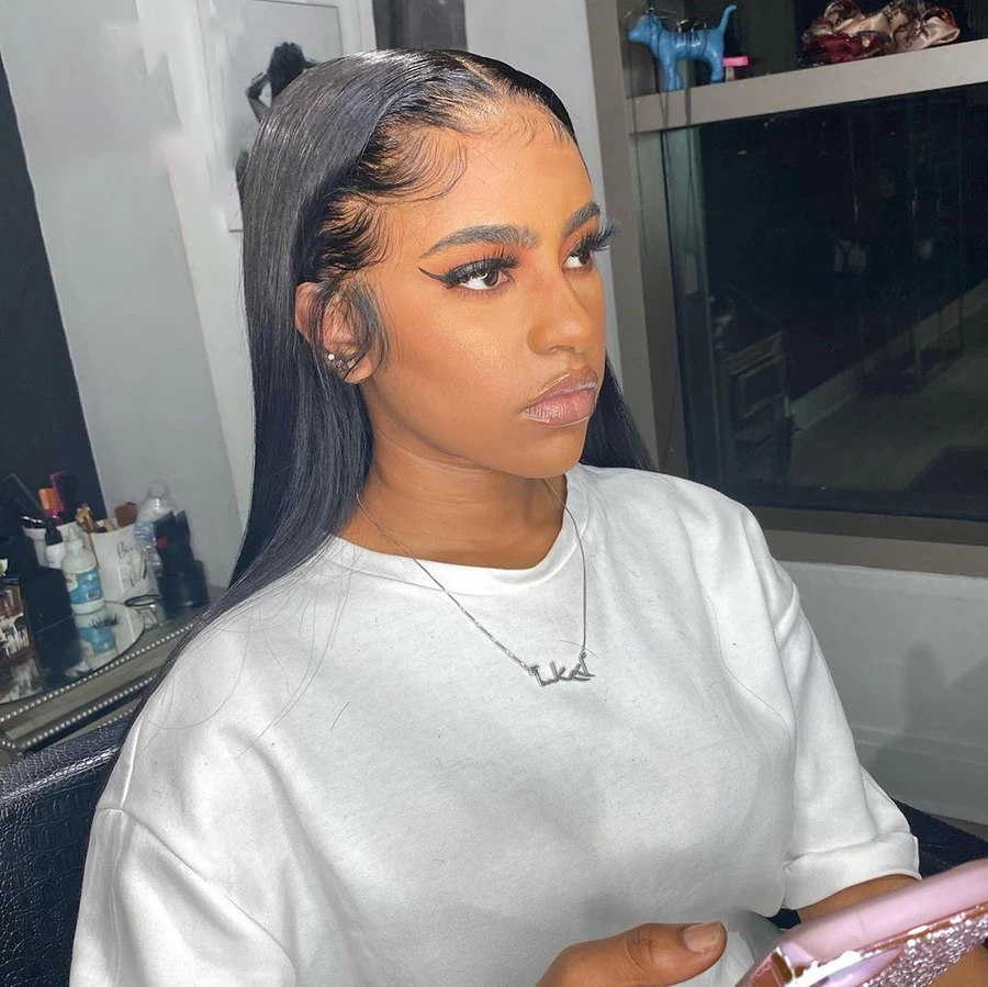 Бесклеевой 26-дюймовый 180 Плотность Мягкий Натуральный Черный Длинный Прямой Глубокий Парик Фронта Шнурка Для Женщин С Волосами Младенца Предварительно Сорванные Ежедневно