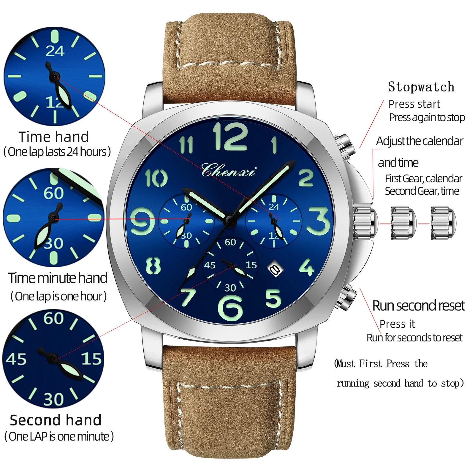陳西954トップブランド防水メンズ腕時計レザーストラップスポーツクォーツメンズ腕時計クロノグラフ腕時計メンズ腕時計男性用腕時計