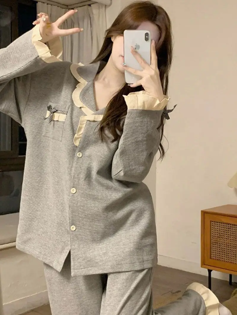 

Korean Style Pajama Sets Long-sleeved Women's Spring Autumn Cute Simple Ruffled Trousers Home Wear 2-piece Set Clothing Setup Pj