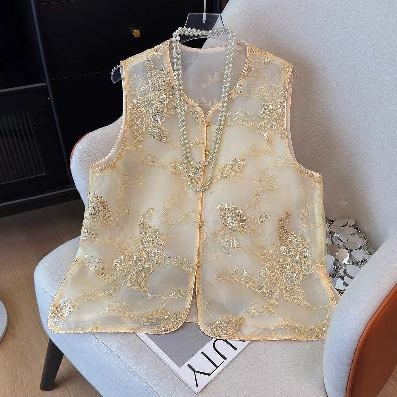 

Fashion Chinese Style Women's Vests Sleeveless Tang Costume Thin Lace Outfit Woman Clothing Summer Embroidered Top Retro Vest