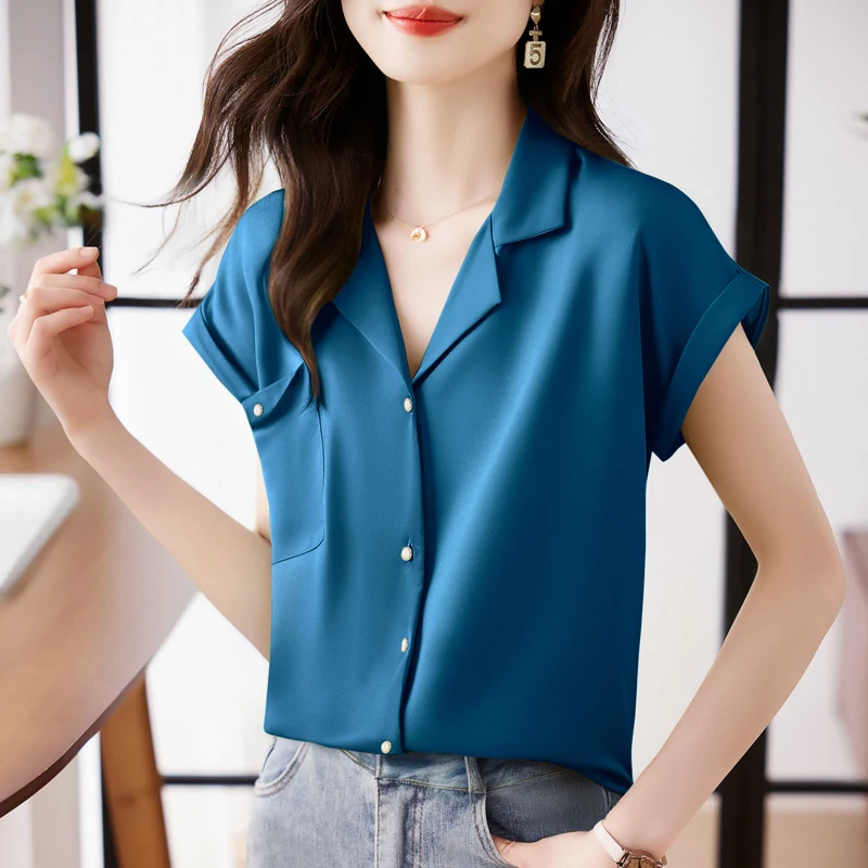 

Women Short Sleeve Satin Shirt Lightweight Breathable Women Blouse Stylish Women's Summer Office Casual Wear Shirt