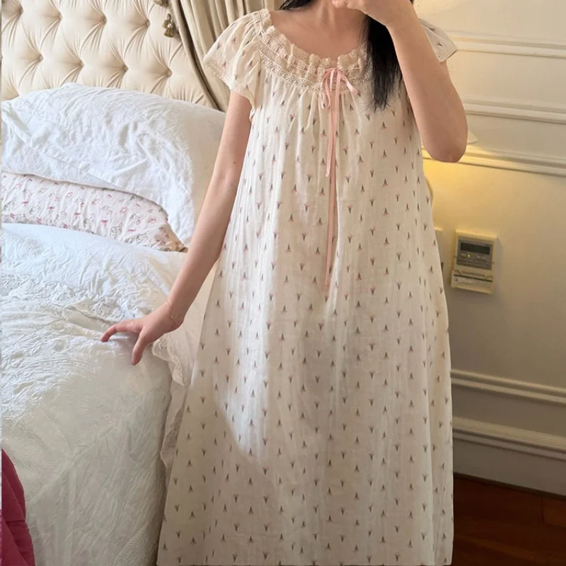 Women 100% Cotton Nightdress Princess Lace Round Neck Printing Nightgowns Summer Sleeveless Long Mid-Calf Nightie Sleepwear New