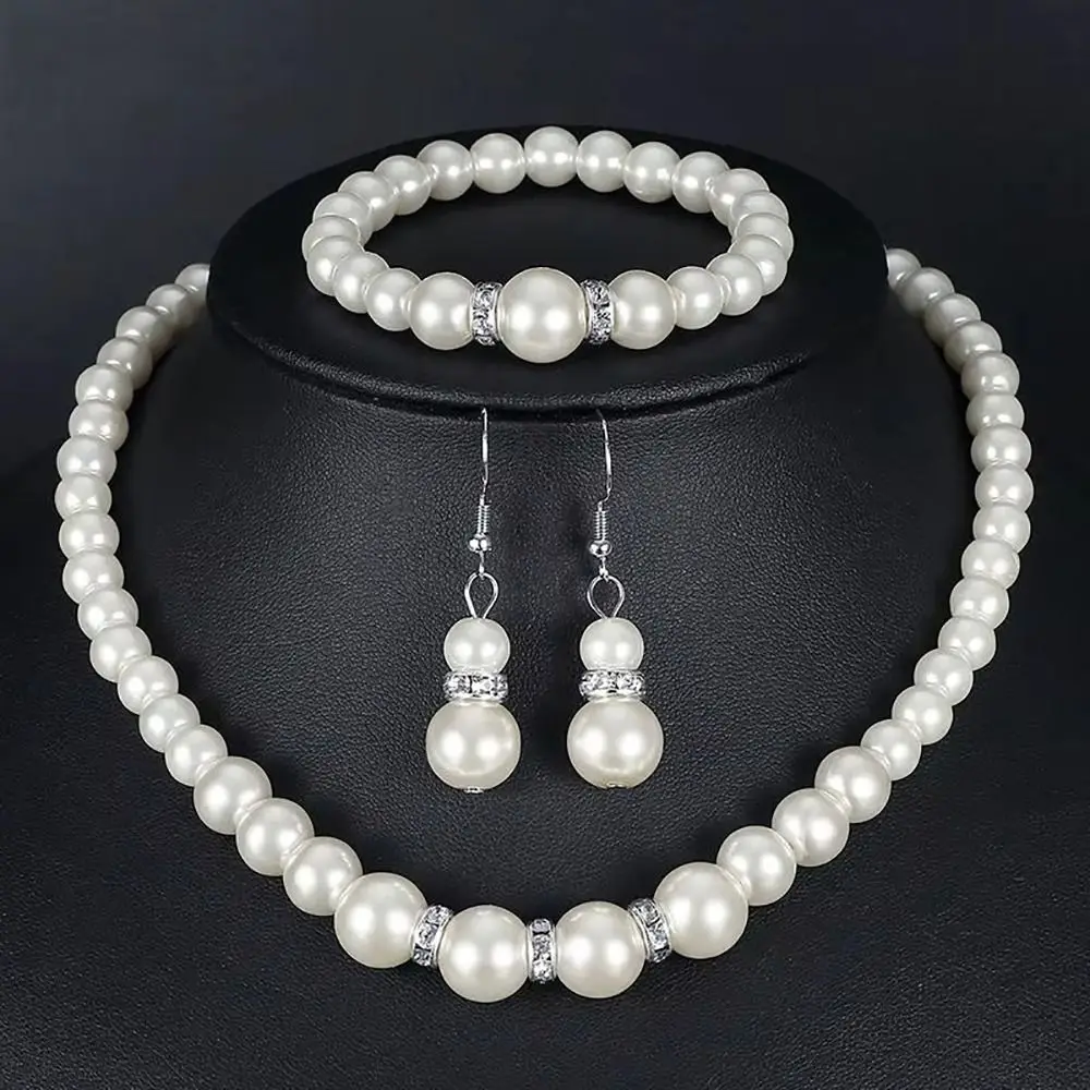 4Pcs/Set Elegant Simulated Pearl Jewelry Set Simulated Pearl Luxury Necklace Earrings Bracelet Long Necklace