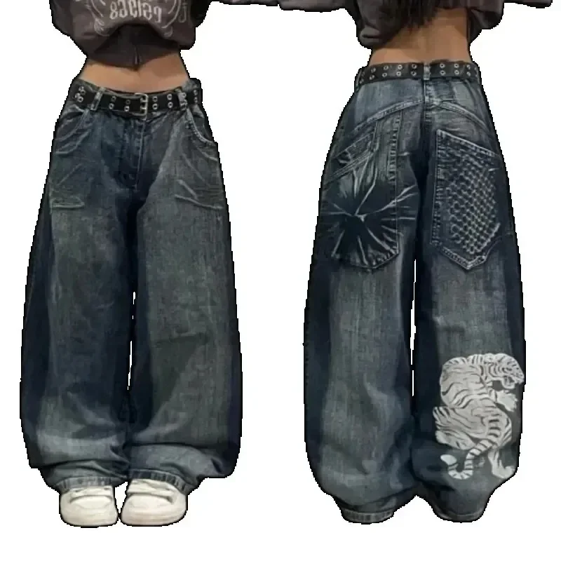 Harajuku Retro Hip Hop Print Baggy Jeans JNCO Jeans New Y2K Womens Black Pants Gothic High Waisted Wide Trousers Streetwear