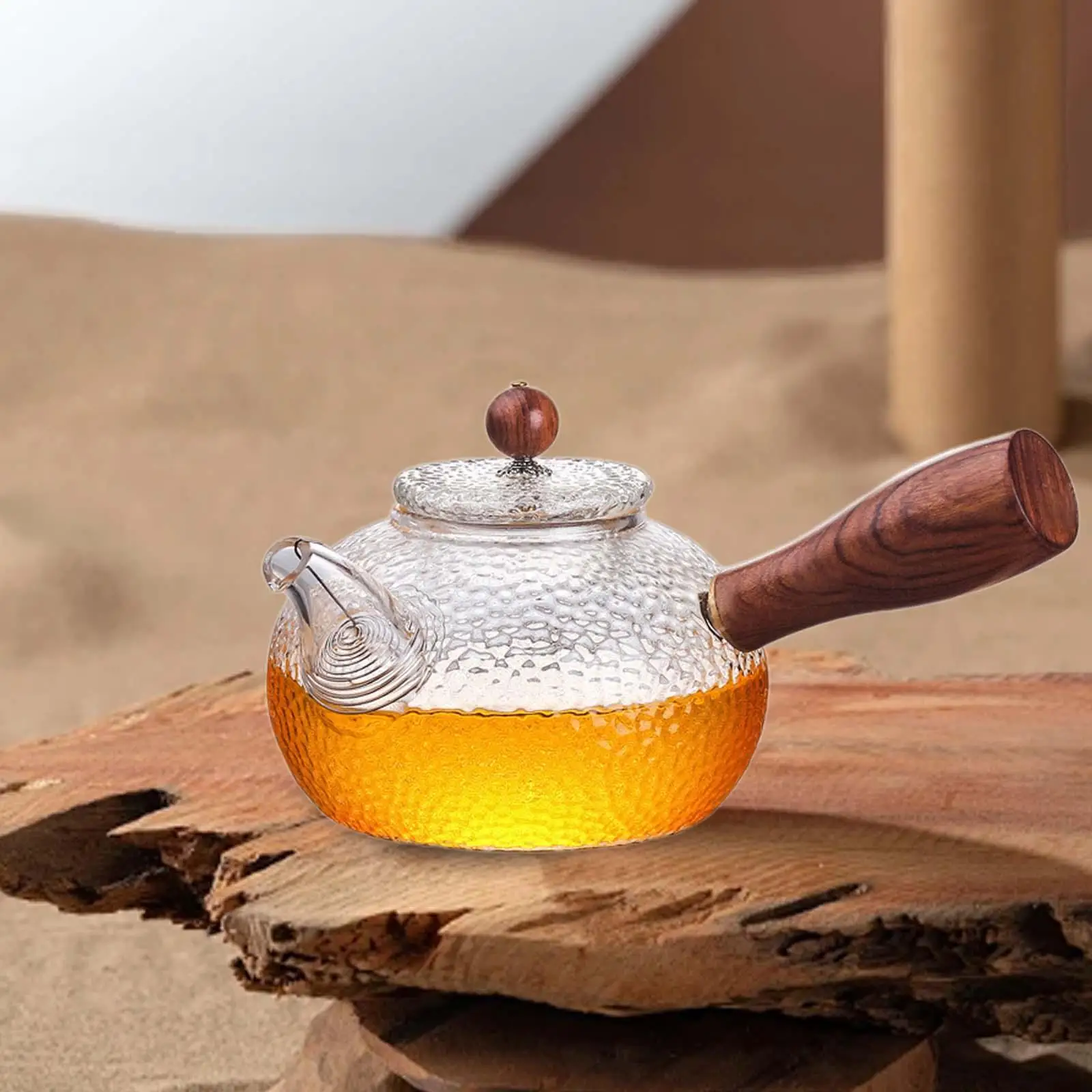 Glass Teapot with Filter Spout Portable Household Tea Kettle Kungfu Tea Set Loose Leaf and Blooming Tea 300 ml Wooden Handle
