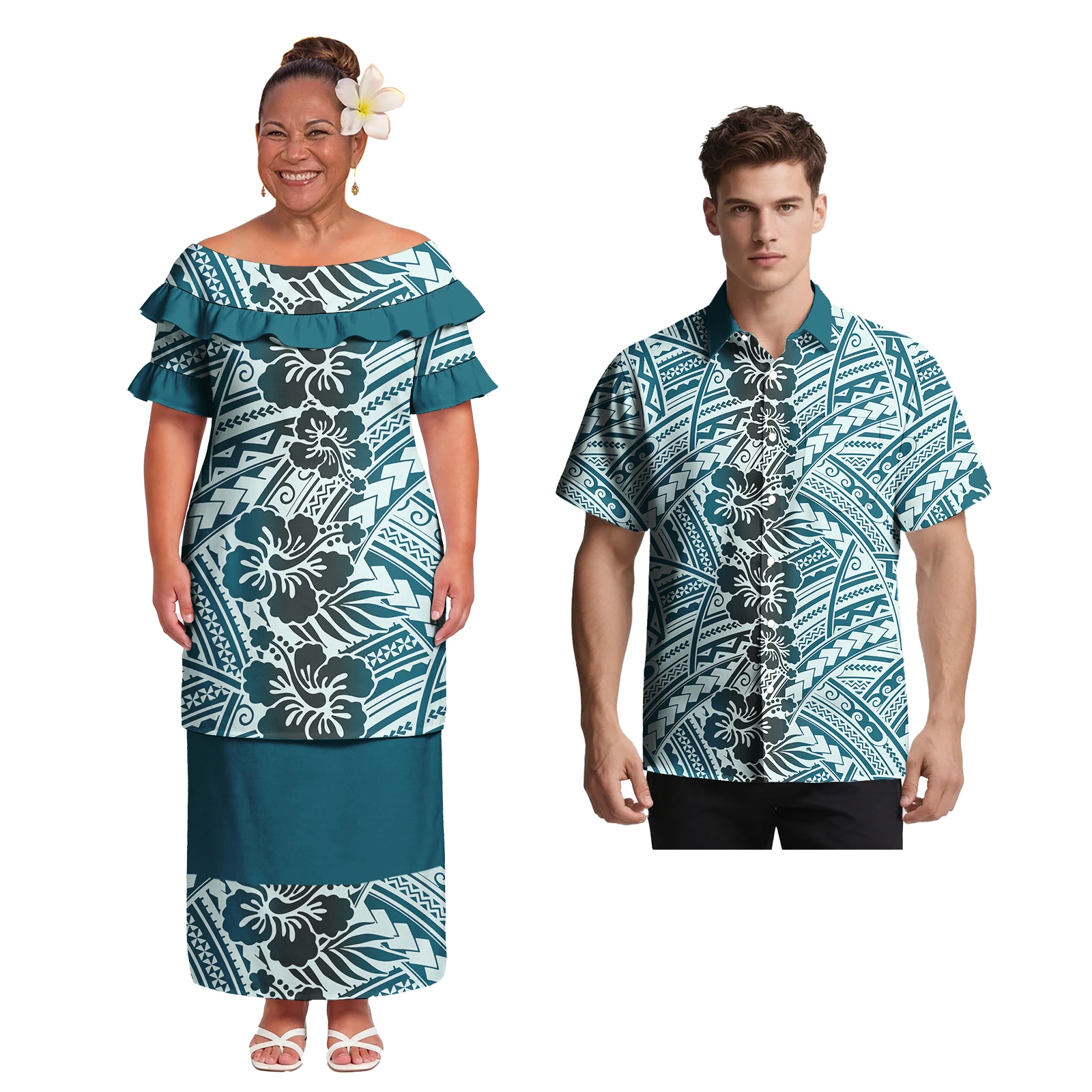 

Hawaiian Men's Fashion Casual Shirts Samoan Women Church Puletasi Dress Polynesian Tribal Style Print Matching Couple Outfits