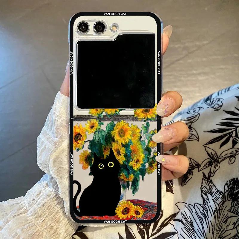 Phone Case For Samsung Galaxy Z Flip 6 5 4 3 Aesthetic Art The Black Cat Van Gogh Folding Hard PC Cover for Zflip 3 Clear Fundas