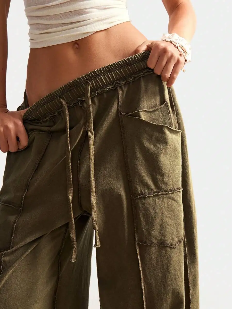 

Boho Casual Solid Color Knitted Low Waist Loose Washed Straight Leg Pants For Women