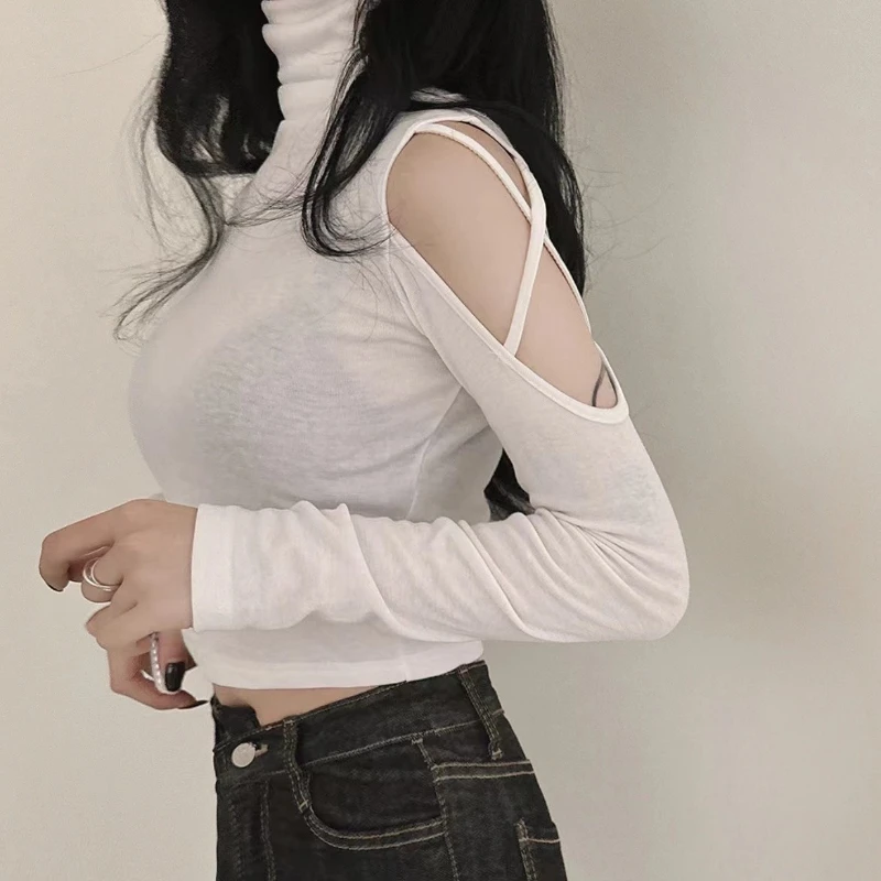 Slim Sexy Off Shoulder Long Sleeve Jumper Pure Desire Spice Girls Hollow Out Pullovers Turtleneck New Elegant Moda Tops