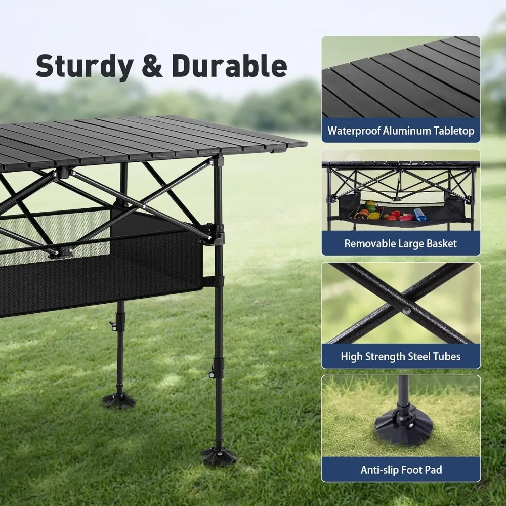 Outdoor Folding Table with Adjustable Height, Large Storage Bag and Carrying Bag, Portable Aluminum Table,  Camping Tab