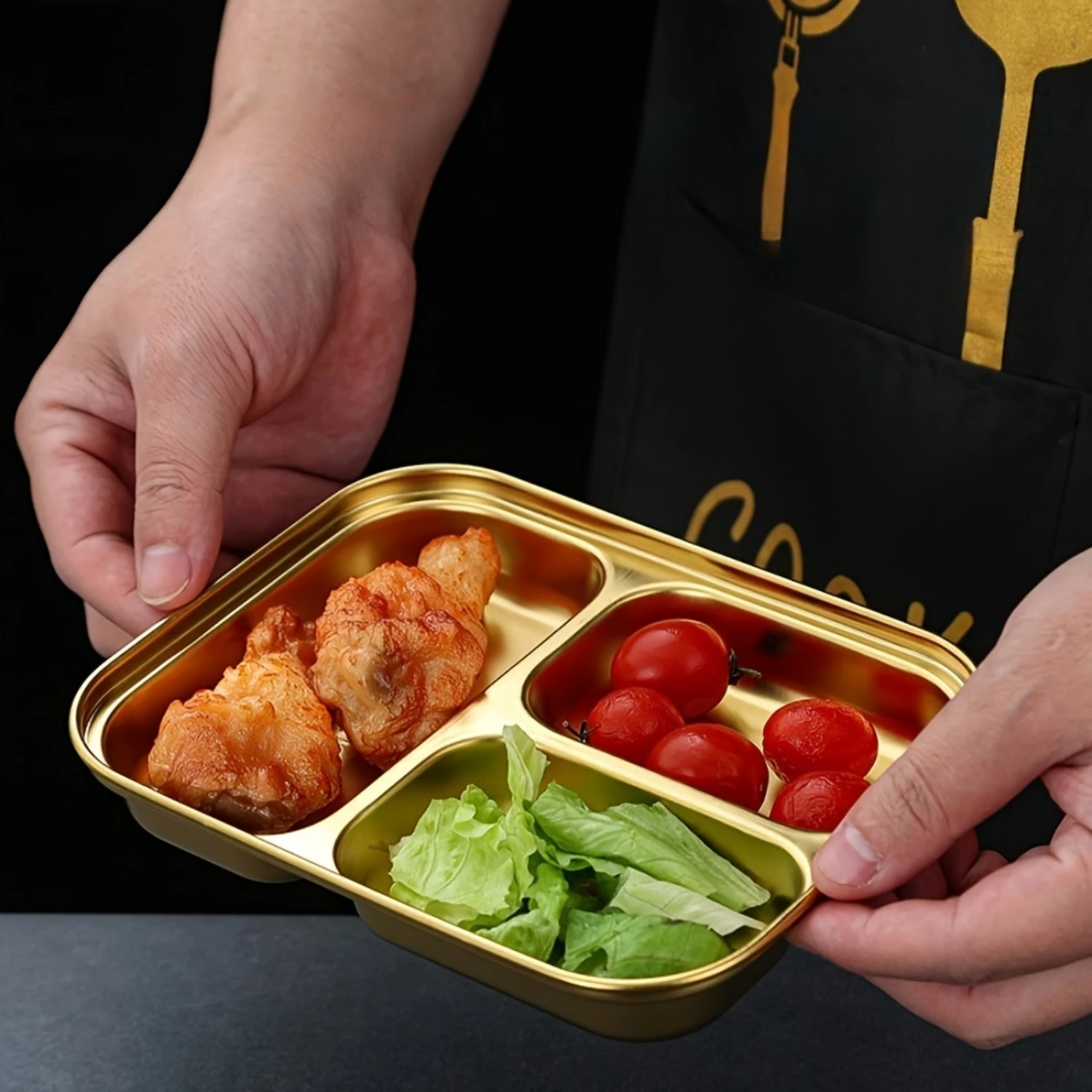 

1pc 2/3grids Stainless Steel Dinner Plate, Seasoning Plate, Golden Tomato Sauce Dipping Plate, Chili Sauce, French Fries, Chicke