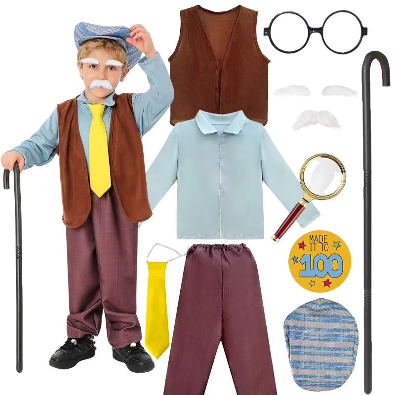 

2025 Halloween Grandpa Suit Cosplay 100 Days of School Costume Top Vest Pants Full Set for Boys Role Play Outfit Theme Party