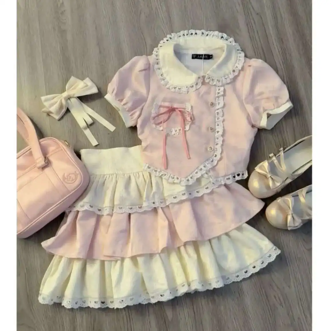 Retail New Teenage Clothing Lace Suits, Baby Girls Fashion Summer 2 Piece Sets, Top+ Skirts 4-12 T