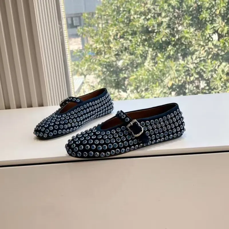 

Дизайнерские оригинальные замшевые балетки со стразами, на плоской подошве, из французской кожи, женские туфли Мэри Джейн