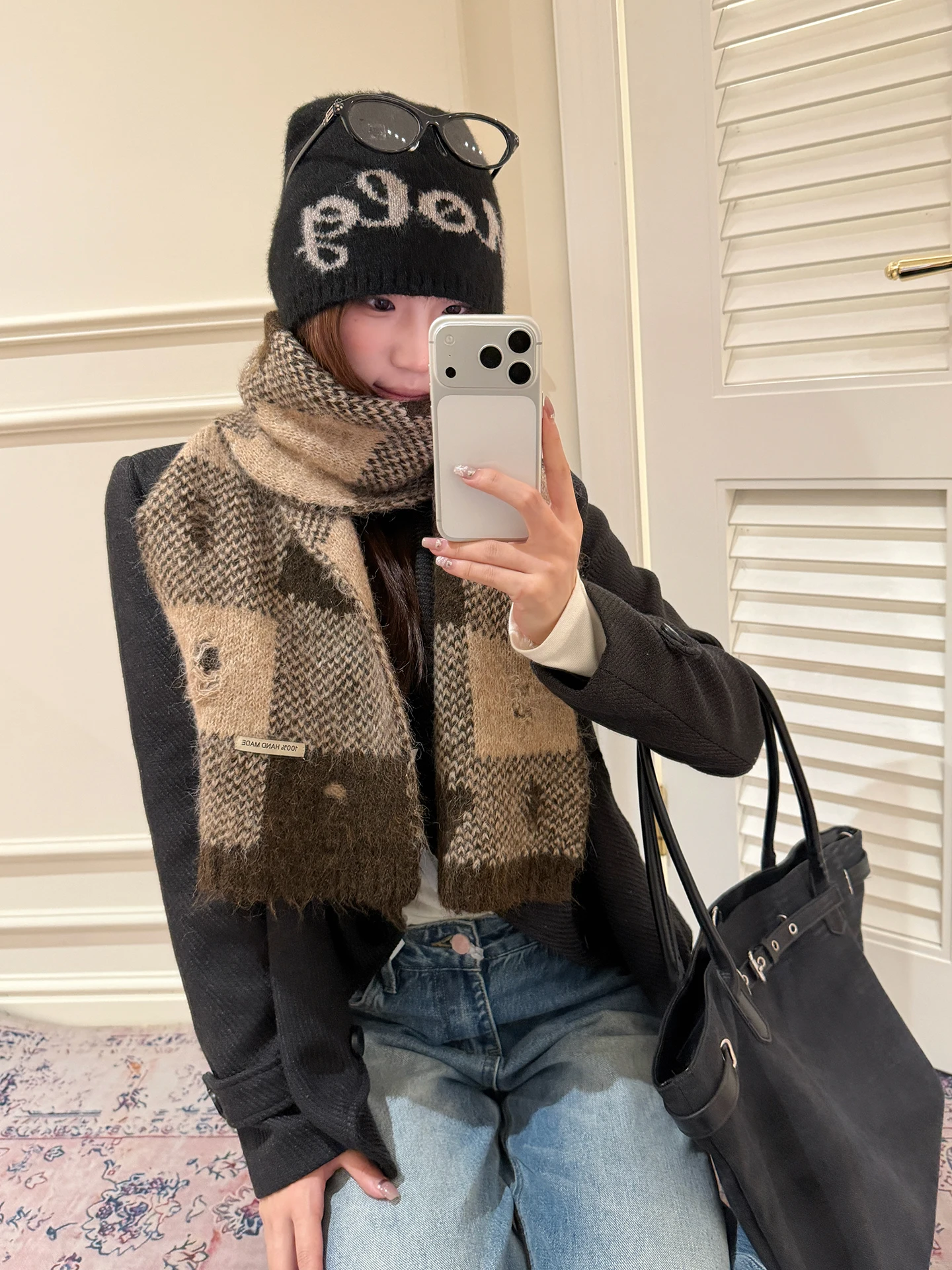 Winter Distressed Double-Sided Plaid Knit Scarf Women's High-End Feel Checkered Warm Neck Warmer Shawl