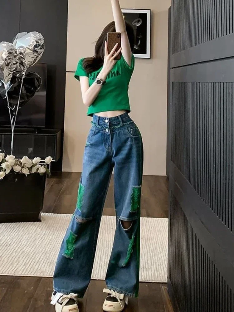 Wide Leg Denim Pants for Women Straight High Waist Shot Trousers Loosefit Fitted  Quality Korean Fashion Woman Ripped Jeans