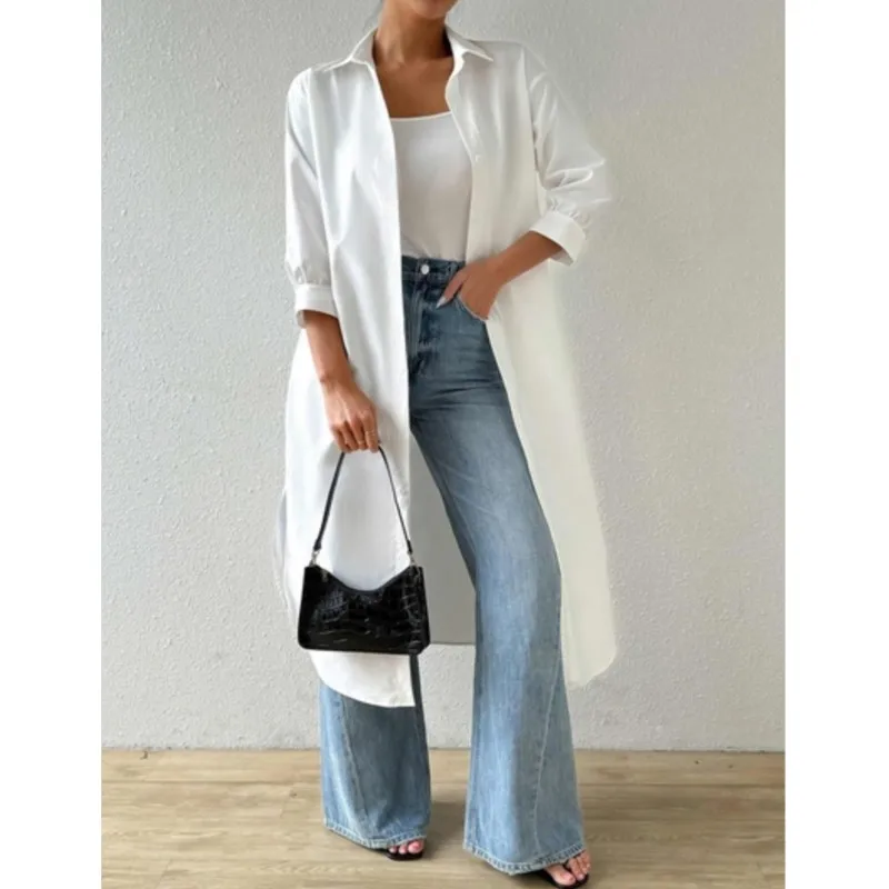 

Ветрозащитное платье-рубашка для поездок на работу, универсальный подол, стильная весенне-летняя женская однотонная рубашка для поездок на работу, длинная рубашка для женщин