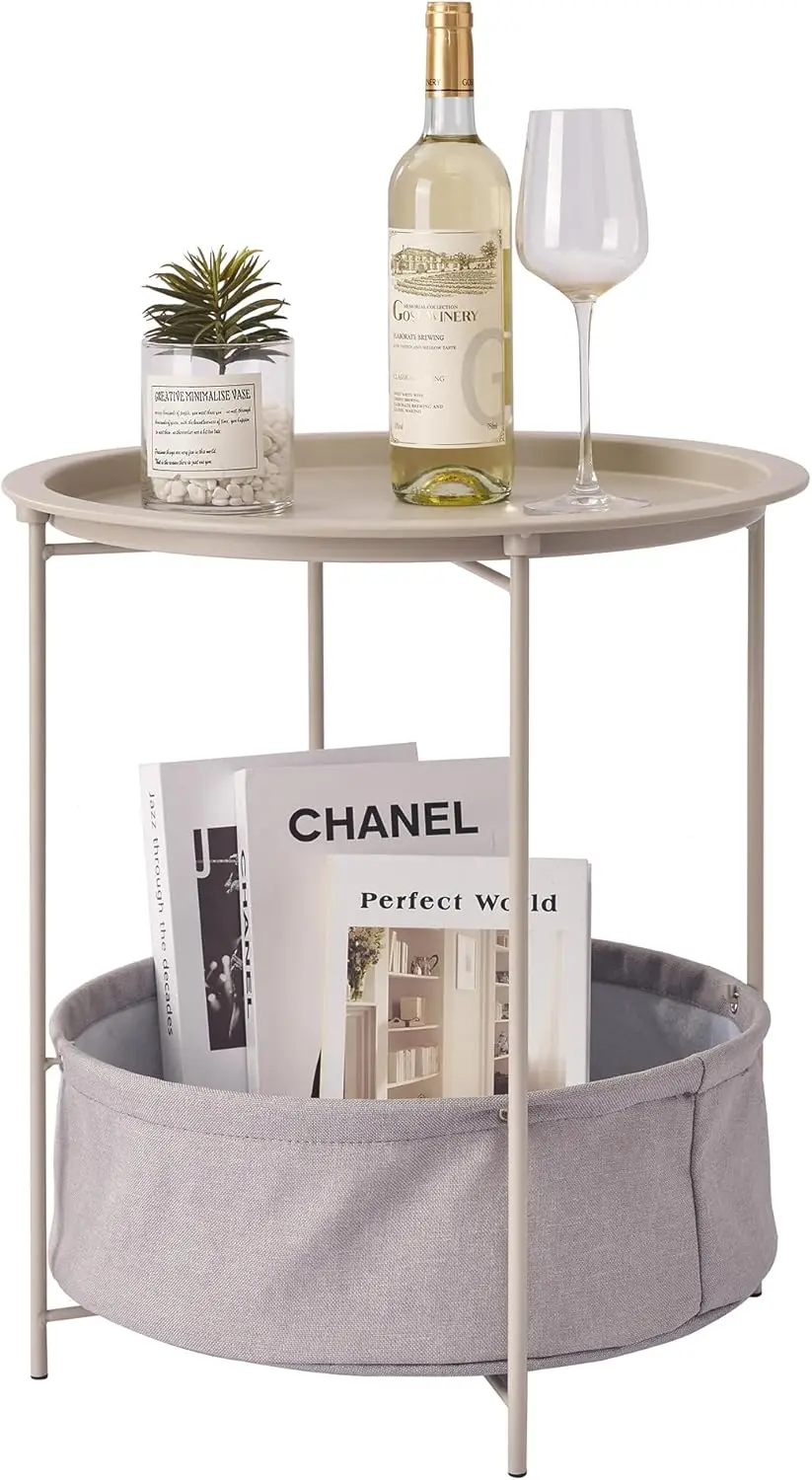 

Round Side/End Table With Fabric Storage Basket，Metal Anti-Rust And Waterproof Small Bedside Nightstand With Removable Tray Top
