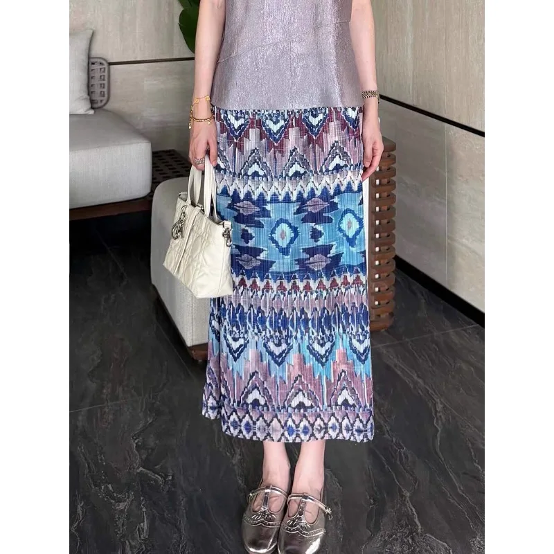 Miyake Pleated 2026 Summer New Fashion Casual Versatile Elastic Waist Retro Print Multi-color One-size Pleated Stretch Skirt