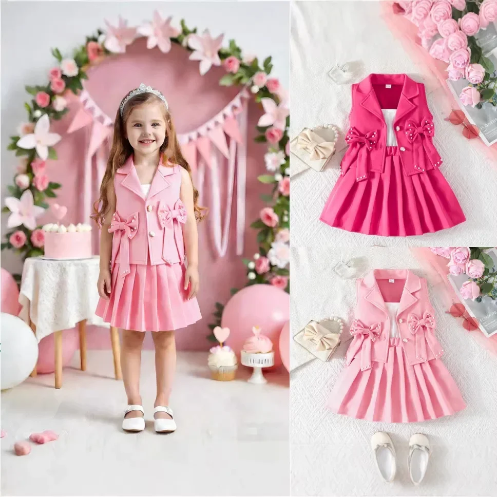 Girls Pearl Bow Vest Blazer Pleated Skirt 3Pcs Set Kids Birthday Party Portrait Formal Outfit Pageant Ceremony Kids Outfit ZYD47