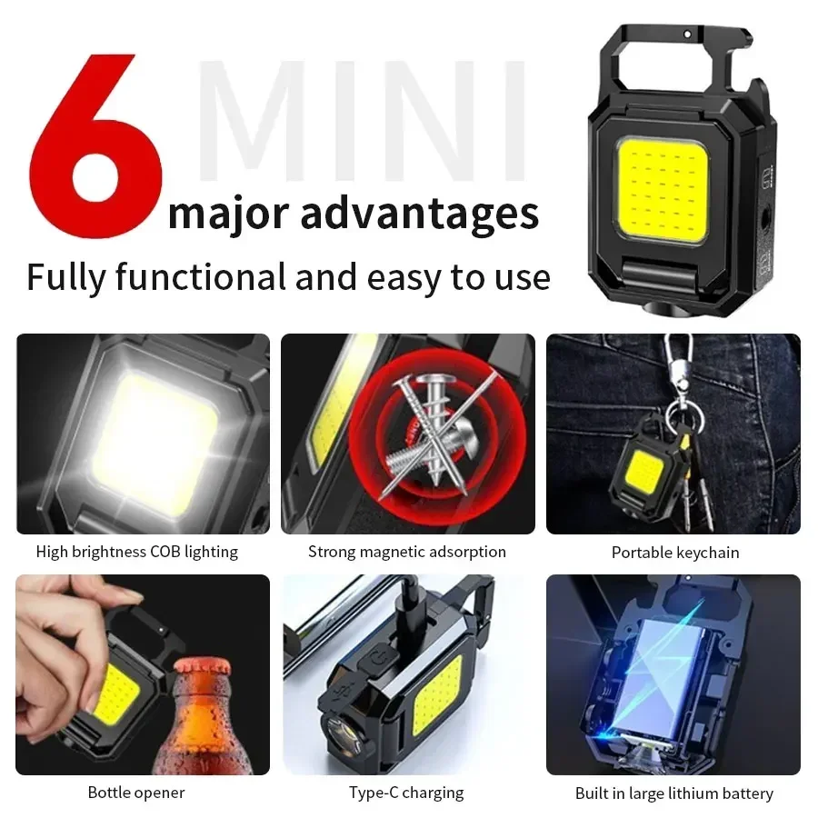 Mini LED Keychain Flashlight 3 Side COB Lighting Emergency Lighting Bottle Opener Magnetic Flashlight for Outdoor Travel Hiking