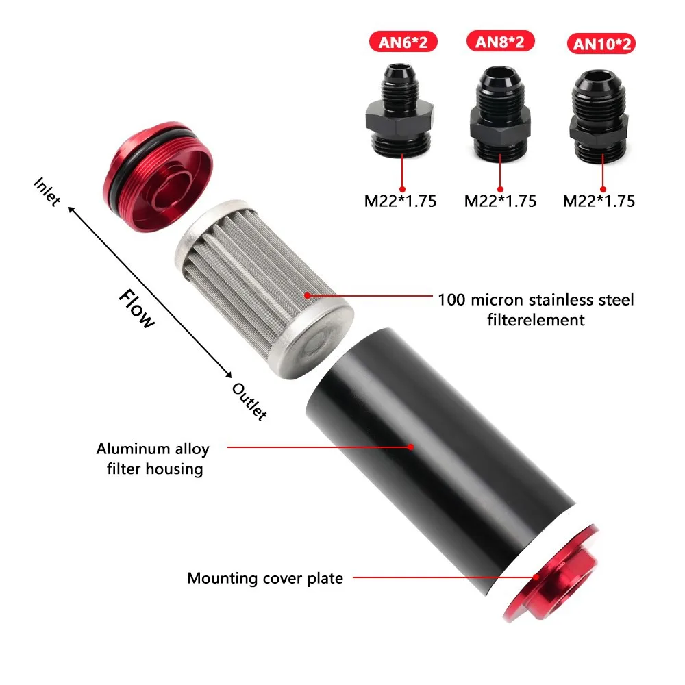 50mm Inline Fuel Filter 100 Micron with Aluminum Mounting Bracket & Wrench & 6AN 8AN 10AN Adapter Universal Cleanable Black/Red