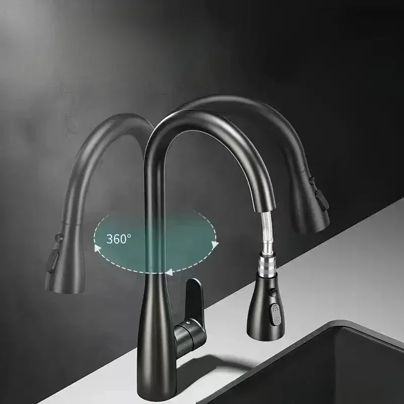 2-Mode Handle Pull Stainless Steel Kitchen Faucets 360° Rotating Splash Proof Sink Taps Cold and Hot Mixer