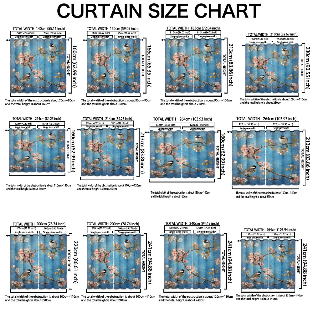 2 Panels 90g Brushed Fabric Curtains Chinese Style Plum Blossom Bird Print Window Drapes for Living Room Bedroom