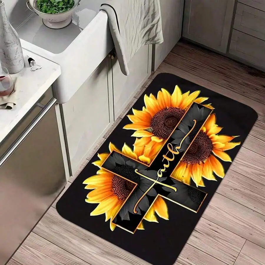 Sunflower Cross Door Mat - Religious Christian Non-Slip Floor Rug, Golden Floral Entry Mat for Home Decor, Multiple Sizes