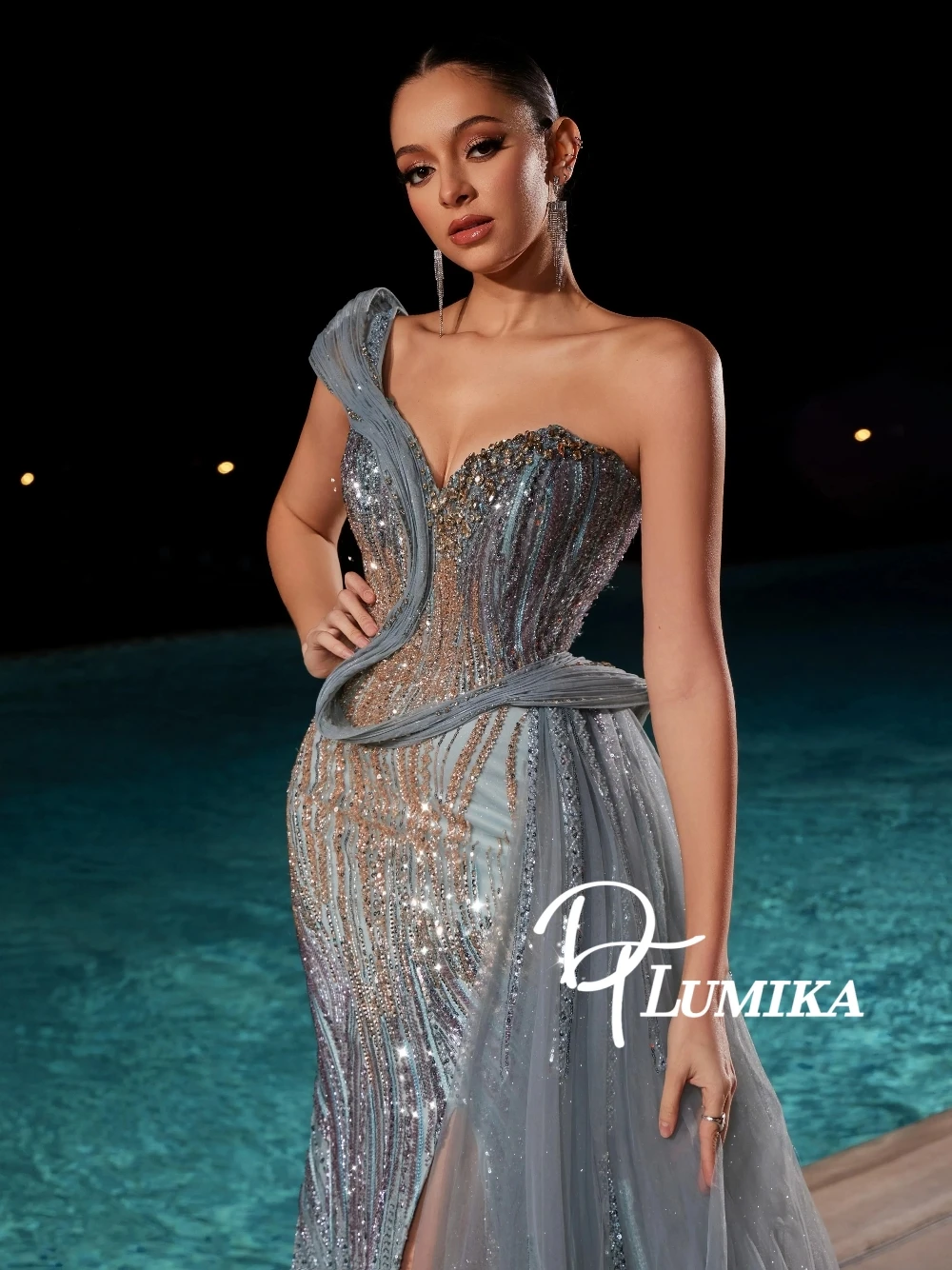 

New Arrival Blue-Gray Gradient Party Dress Rhinestone Beaded One-shoulder Sexy High Slit Mermaid Formal Evening Prom Gown