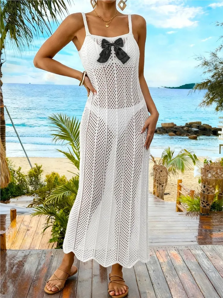 

Sexy Women Long Knit Beach Midi Dress Hollow-Out Bow Sleeveless Bikini Cover-Ups Dress Fall Backless Holiday Dress 2026