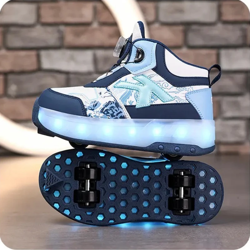 

2025 High-quality children's shoes leather upper rotating button walking shoes children's outdoor roller skates kids sneakers