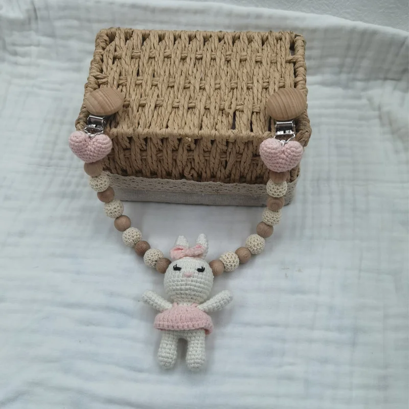 Handmade Crochet Animal Baby Teether Toy Wooden Newborn Teether Rabbite Bunny Stuffed Doll Cotton Towel Pacifier Chain Baby Gift